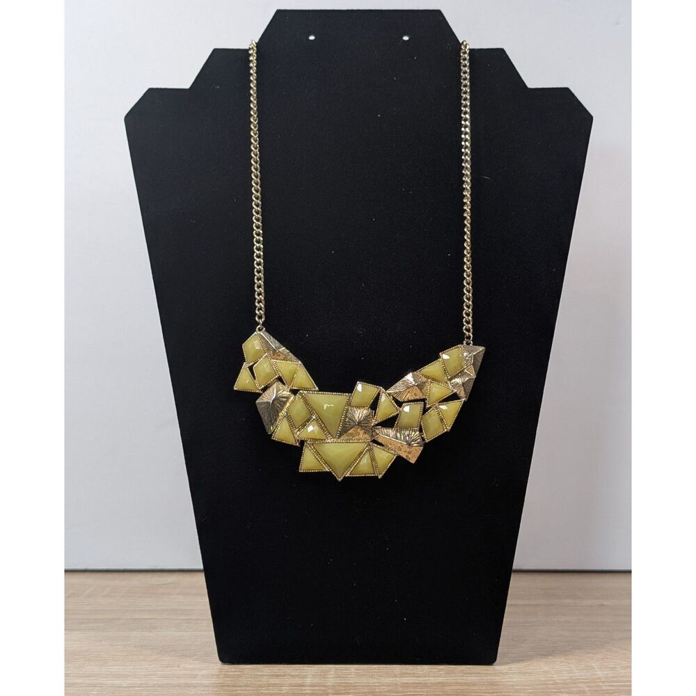 Geometric Statement Necklace – Gold Tone with Yellow Resin Accents – 20